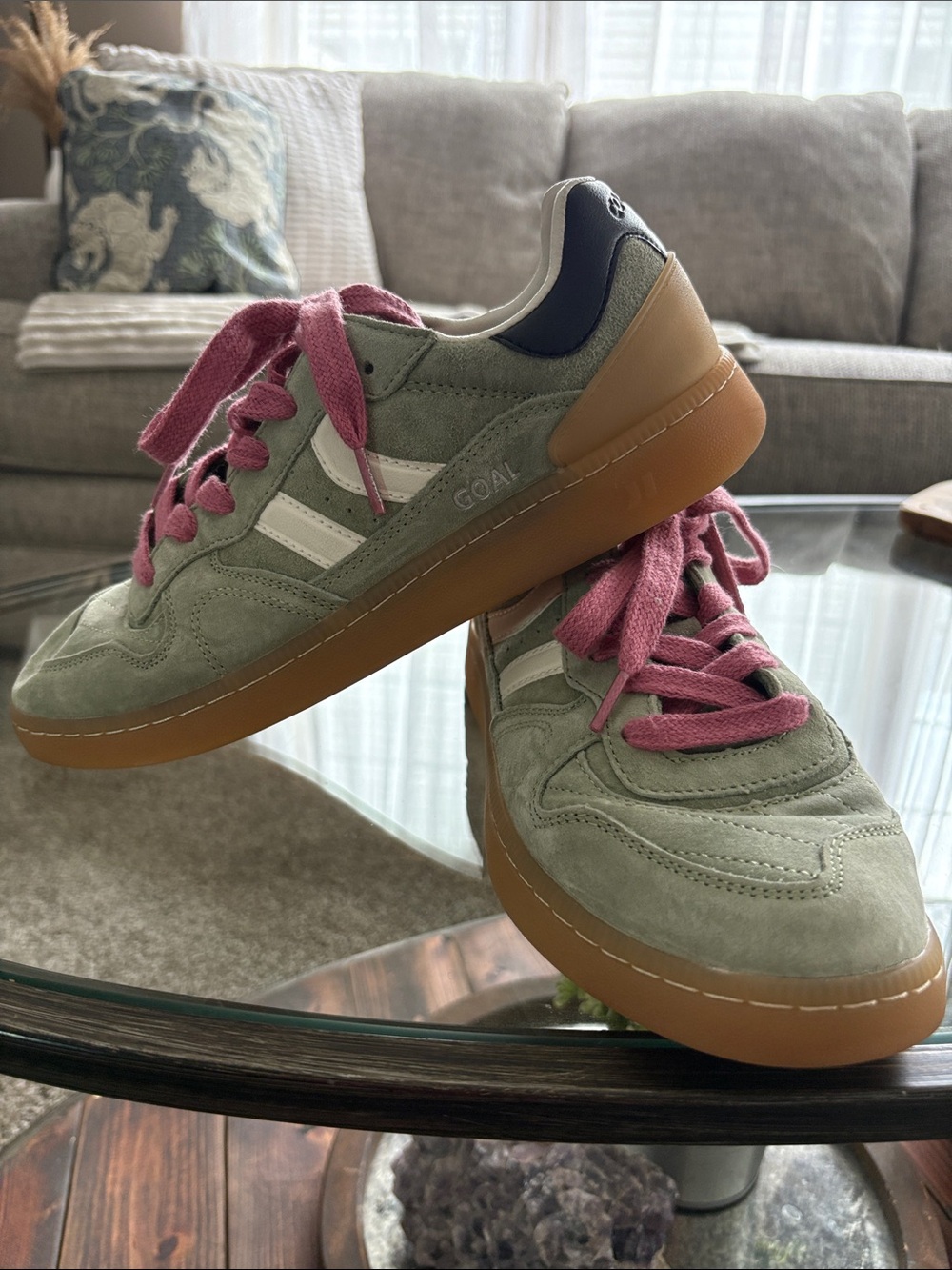 Women’s Coolway Goal Suede Sneakers  in Sage Green with Pink Laces, size 9